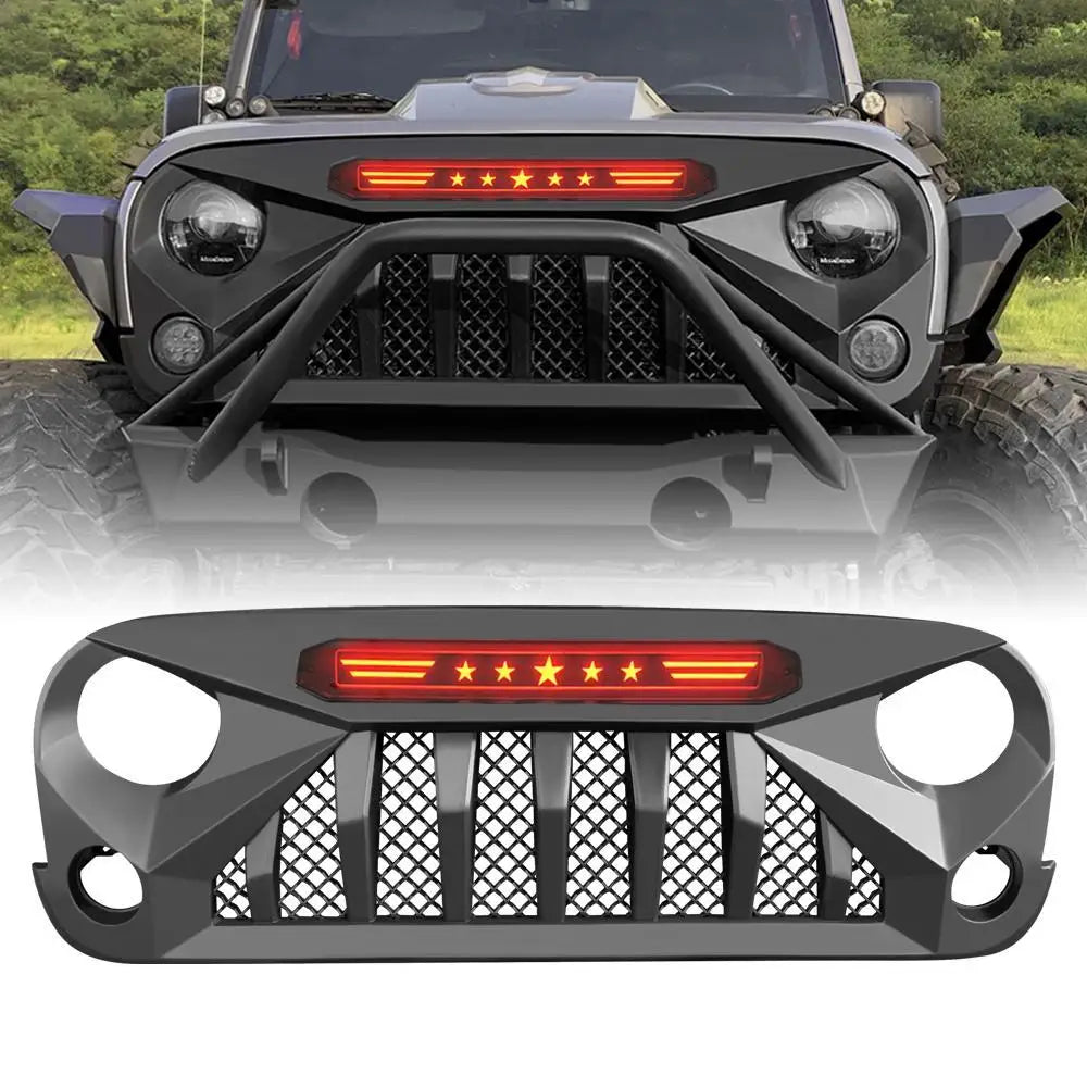 WIZSIN Mars Style Grill Front Bumper Grille Car Grills for Jeep Wrangler 2007-2018 JK JKU With Red Star DRL 4x4 Accessories ABS